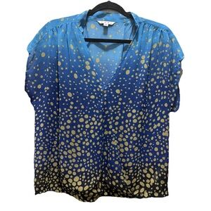 CAbi Blue Aqua Sheer Ombre Dot V-Neck Faux Wrap Modern Print Blouse Cream Spots